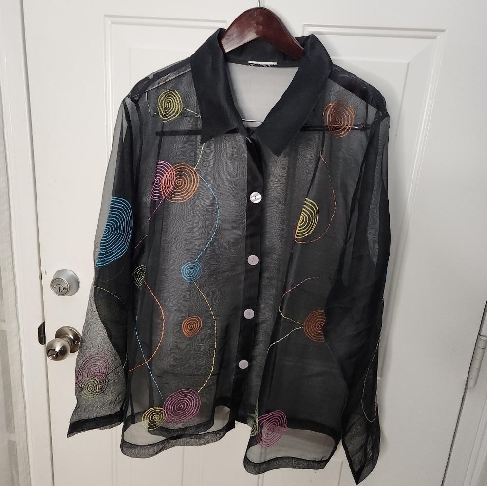 Women's Black Sheer Abstract Embroidered Long Sleeve Blouse Size 3X
